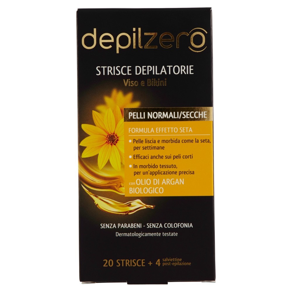 Depilzero Strisce Depilatorie Viso e Bikini Argan 20 Strisce + 4 Salviette