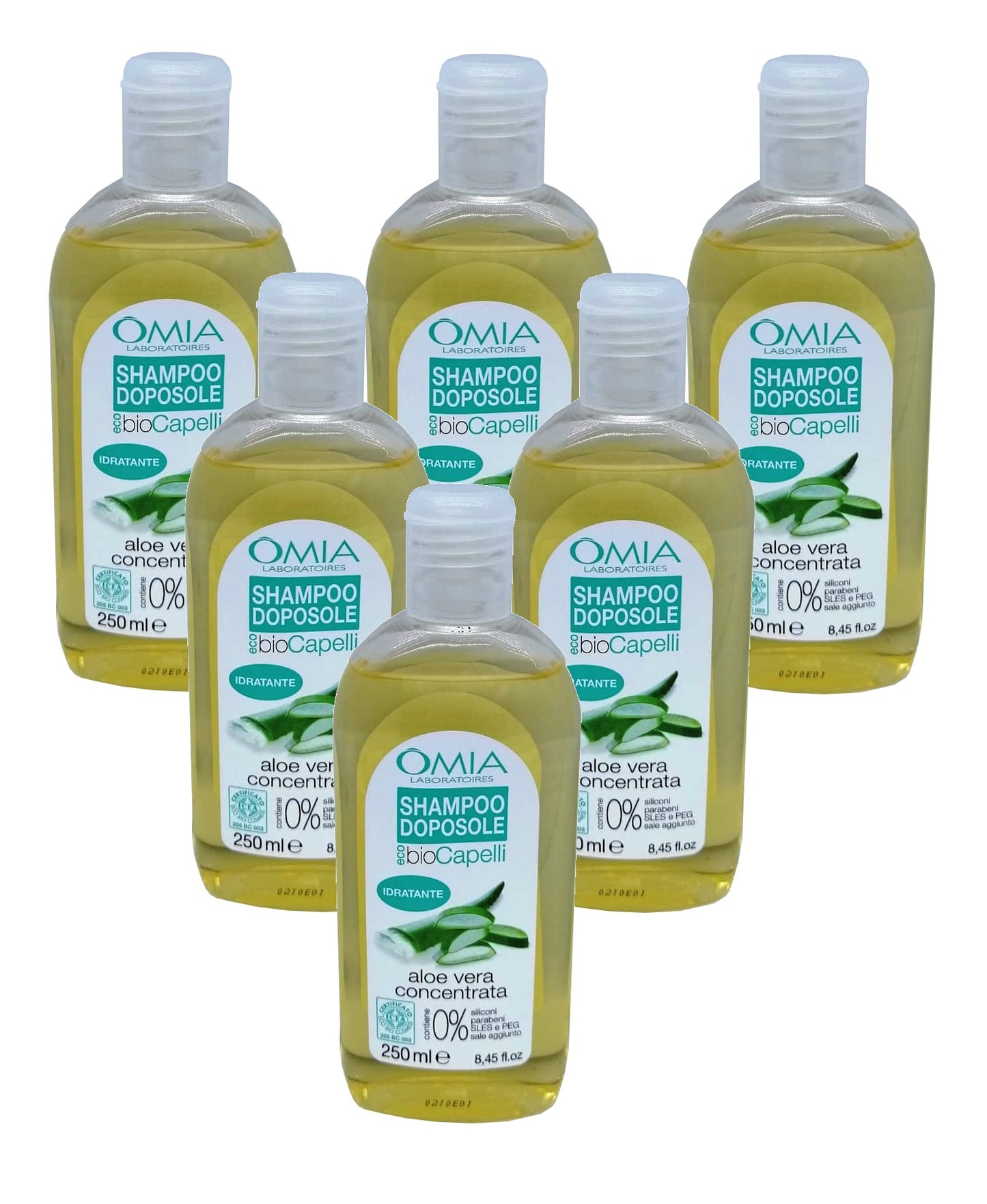 Set Da 6 pz. Omia Shampoo Capelli Doposole Aloe Vera 250 ml Idratante