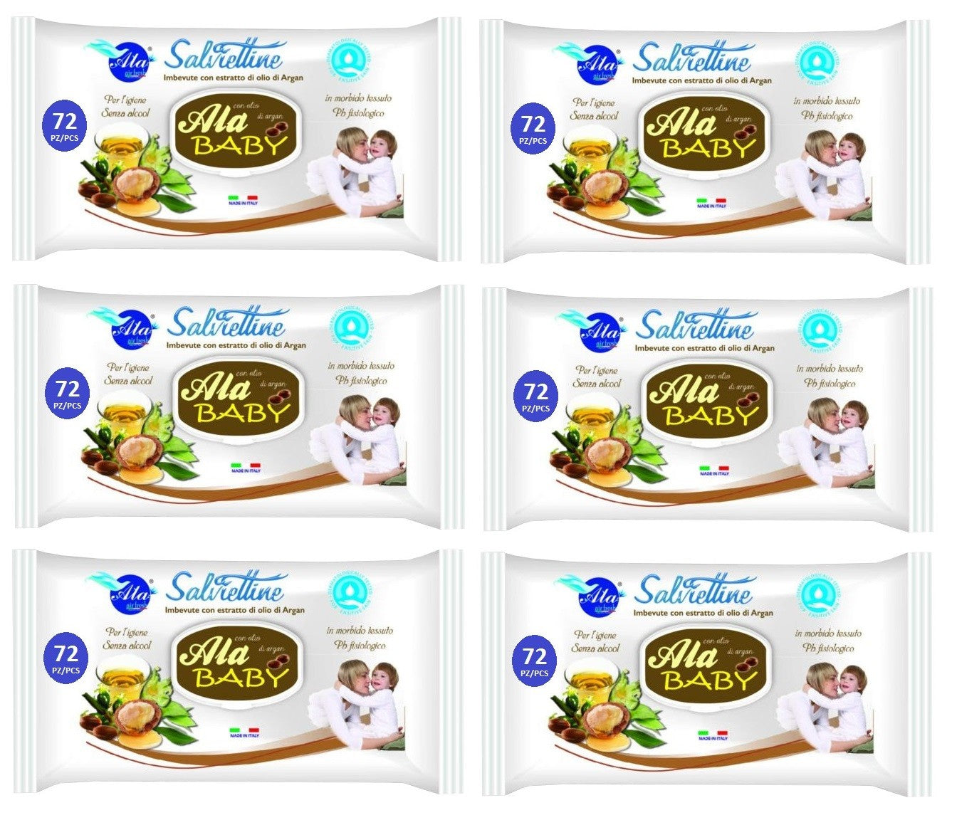 Set Da 6 pz. Ala Salviettine Imbevute Baby Argan 72 Pezzi