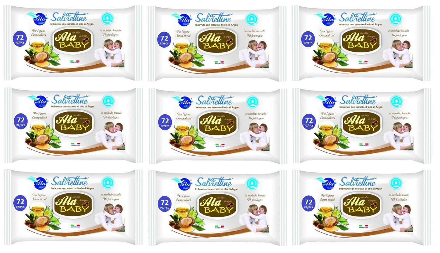 Set Da 9 pz Ala Salviettine Imbevute Baby Argan 72 Pezzi
