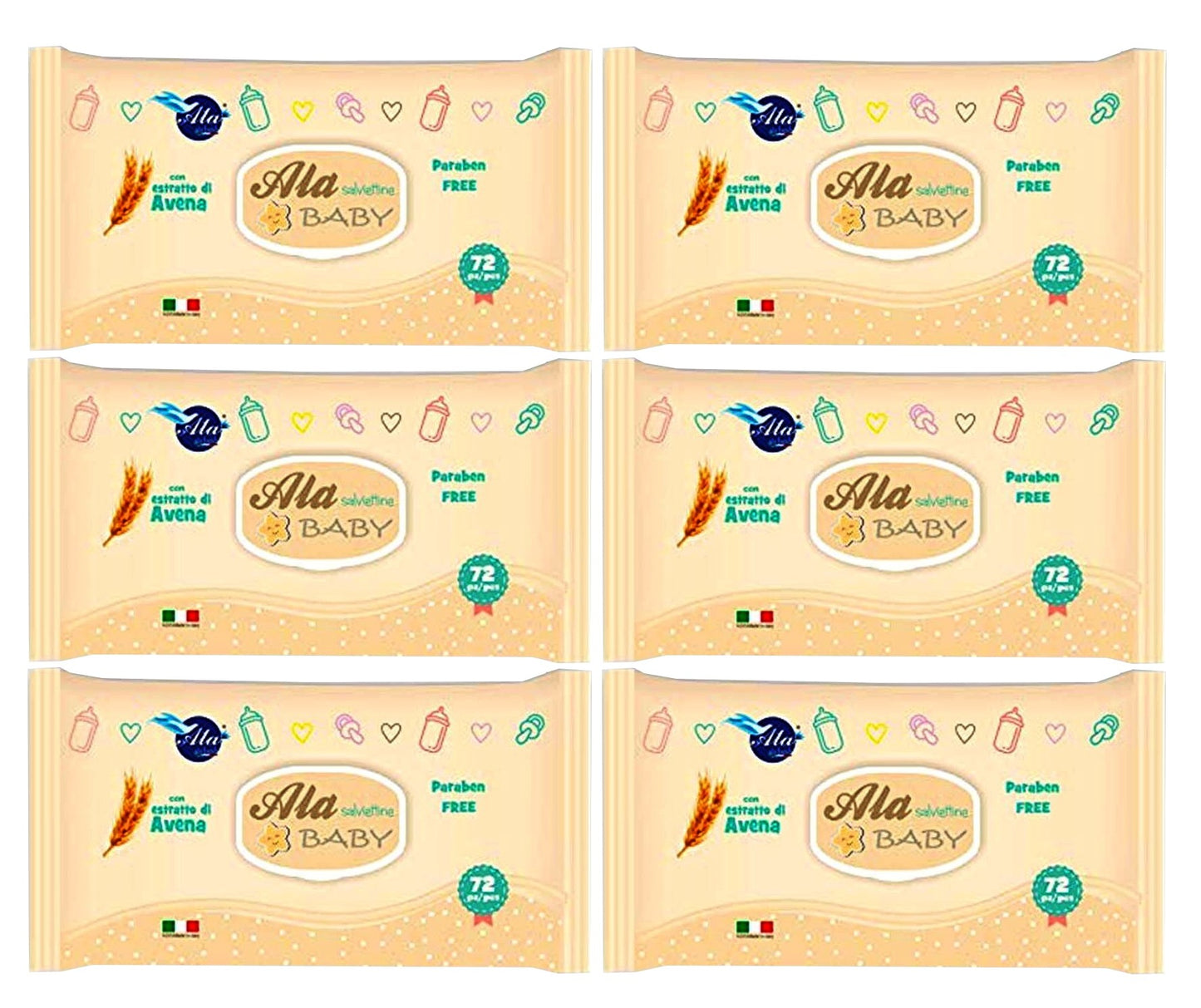 Set Da 6pz Ala Salviettine Imbevute Baby Avena 72 Pezzi