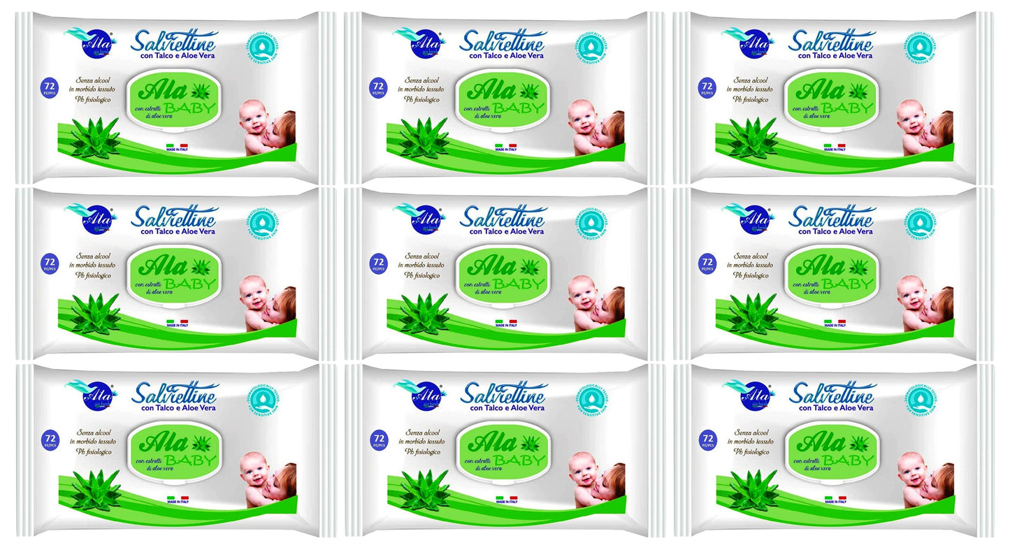 Set Da 9,pz Ala Salviettine Imbevute Baby Aloe Vera 72 Pezzi