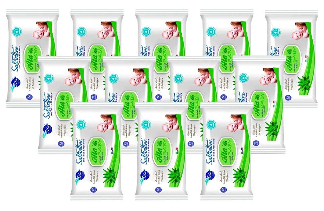 Set Da 12pz Ala Salviettine Imbevute Baby Aloe Vera 72 Pezzi