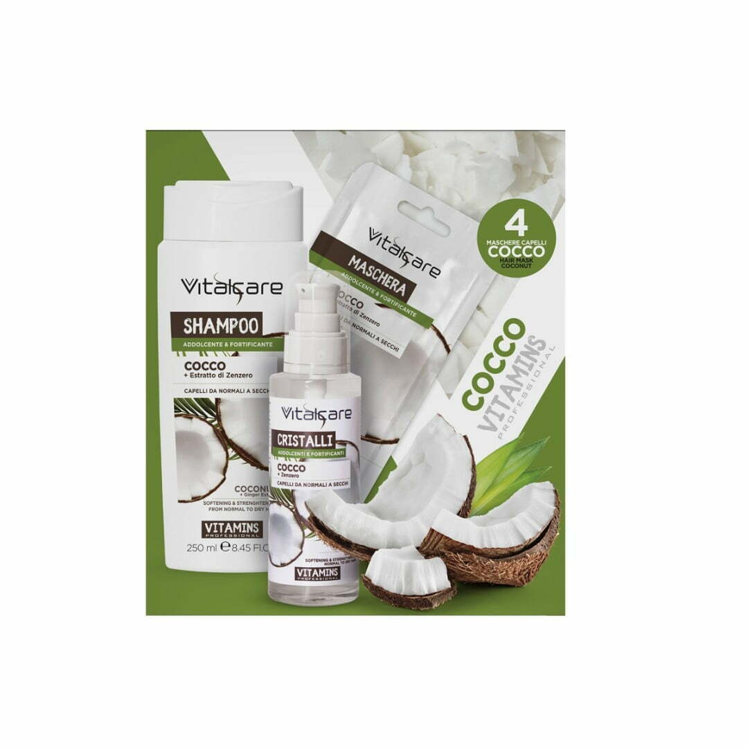 Vitalcare Professional Cocco Shampoo 250 ml. Addolcente + Cristalli Liquidi 100 ml + 4 Maschere in Bustina 25 ml.