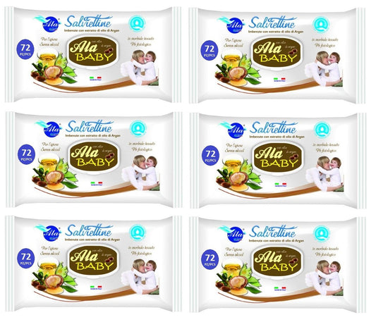 Set Da 6 pz. Ala Salviettine Imbevute Baby Argan 72 Pezzi