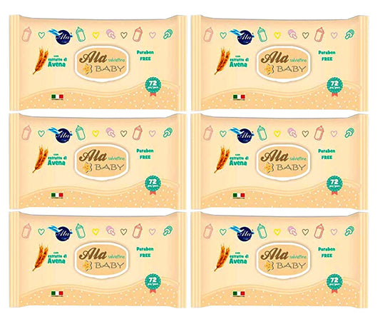 Set Da 6pz Ala Salviettine Imbevute Baby Avena 72 Pezzi