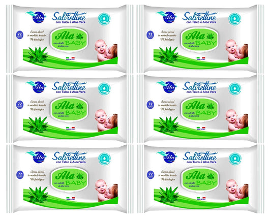 Set Da 6,pz Ala Salviettine Imbevute Baby Aloe Vera 72 Pezzi