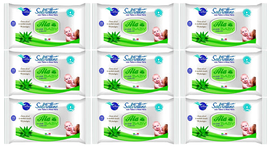 Set Da 9,pz Ala Salviettine Imbevute Baby Aloe Vera 72 Pezzi