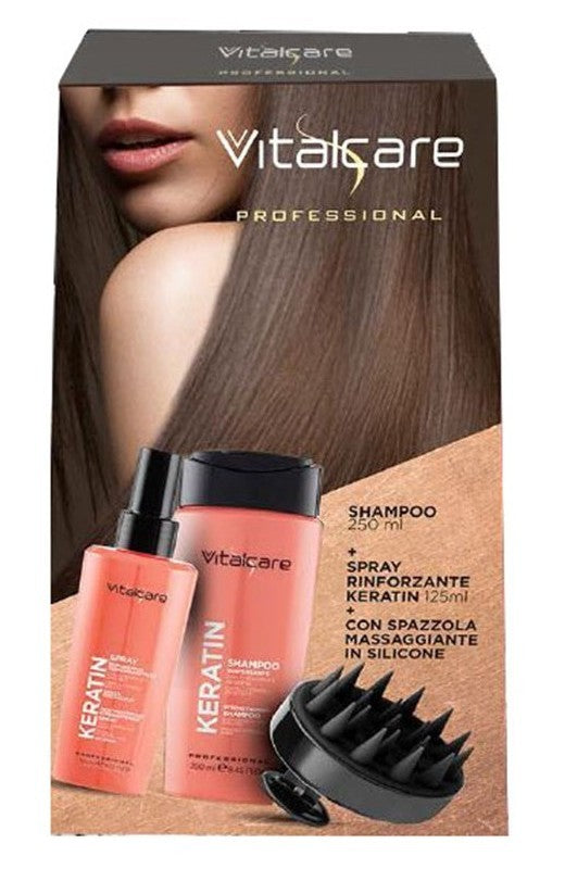 Vitalcare Professional Conf. Keratin Shampoo 250 ml. Rinforzante + Spray Rinforzante 125 ml + Spazzola Massaggiante